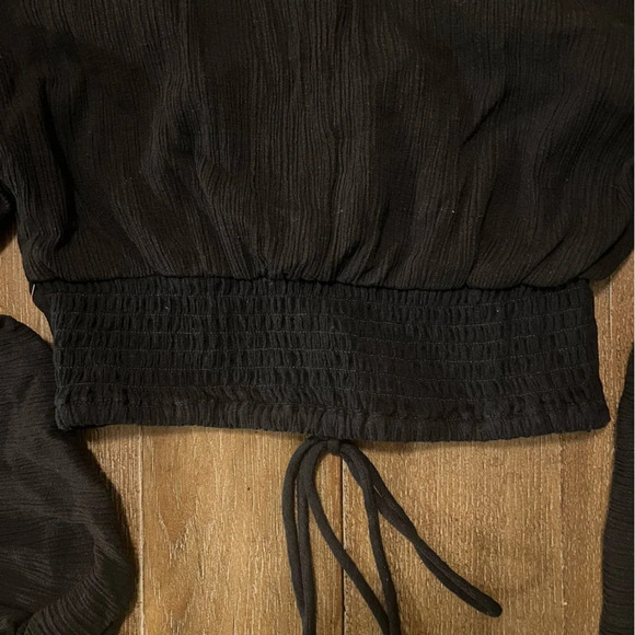 ASOS Linen Cotton Long Puff Sleeve Top Lace Up Black Deep V Front Y2K 4 S - Picture 6 of 12